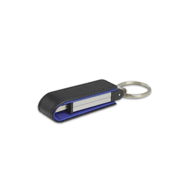 Executive USB drive LT006 with black leather, blue interior, and key ring - closed