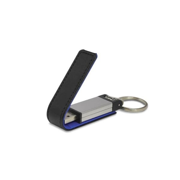 Executive USB drive LT006 with black leather, blue interior, and key ring - open