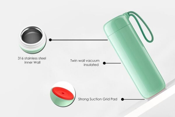 Spill-proof 400ml vacuum suction flask with smart base and thermal insulation- spec