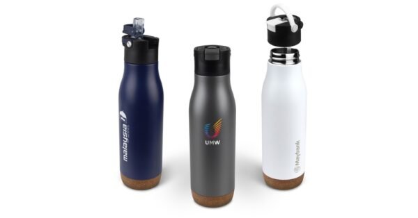 500ml stainless steel drink bottle with straw and cork base – TREKKER - custom logo