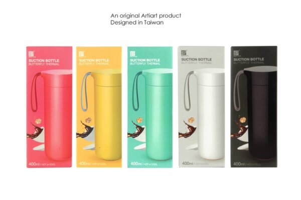 400ml vacuum suction flask with spill-proof base and silicone strap by ARTIART BUTTERFLY- packaging