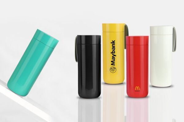 400ml vacuum suction flask with spill-proof base and silicone strap by ARTIART BUTTERFLY- with logo
