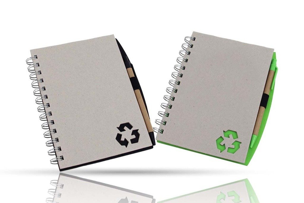Recycled notebook with eco pen and pen loop for sustainable writing- group