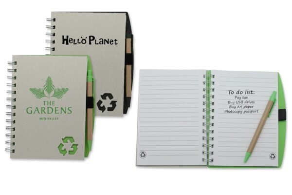 Recycled notebook with eco pen and pen loop for sustainable writing- with logo
