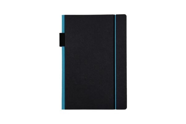 A5 notebook with pen loop and elastic strap in black textured cover- Blue