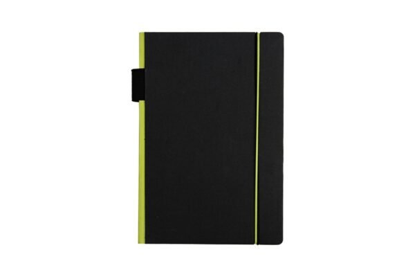 A5 notebook with pen loop and elastic strap in black textured cover- Green