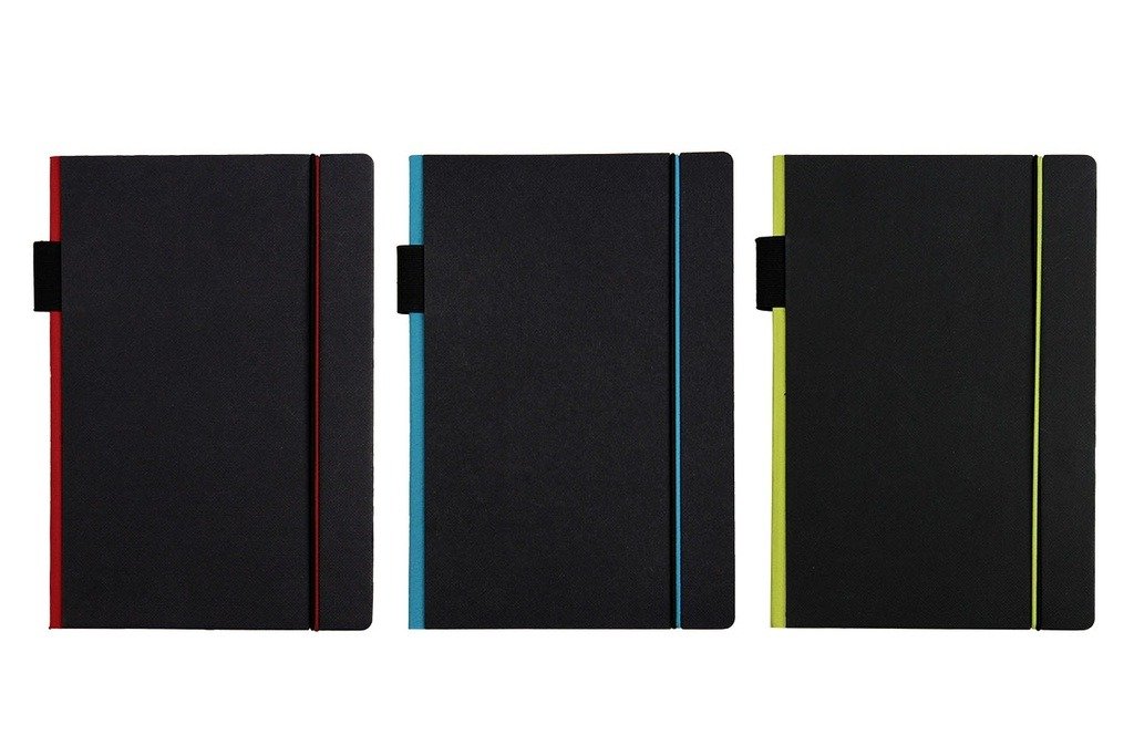 A5 notebook with pen loop and elastic strap in black textured cover- Group