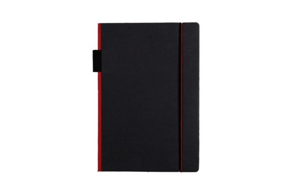 A5 notebook with pen loop and elastic strap in black textured cover- Red