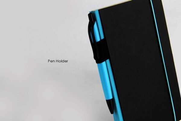 A5 notebook with pen loop and elastic strap in black textured cover- pen holder