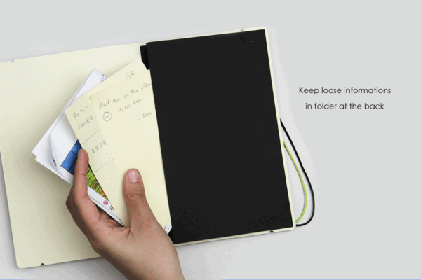 A5 notebook with pen loop and elastic strap in black textured cover- pocket