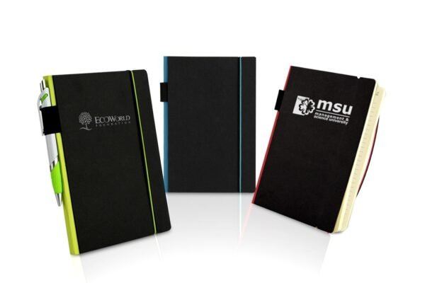 A5 notebook with pen loop and elastic strap in black textured cover- with logo