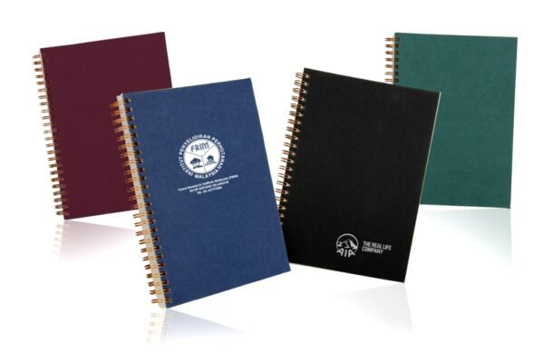 Wire-O notebook with copper binding and lined pages in textured cover- with logo