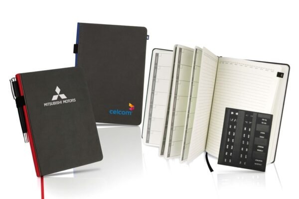 Infinity planner with pen loop and calendar pages in PU leather cover- with logo