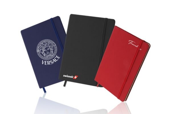 PU leather notebook with elastic strap and bookmark in sleek cover design- with logo