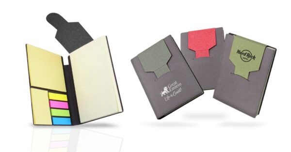 S145 BEETLE eco sticky note set with pads and page markers in compact notepad- group with product detail 2