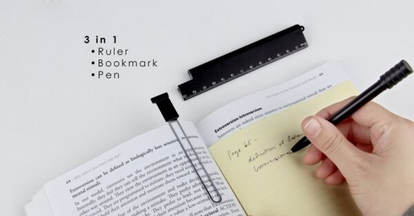 S151 POMELO 3-in-1 stationery kit with pen, bookmark, and ruler in ABS case- function