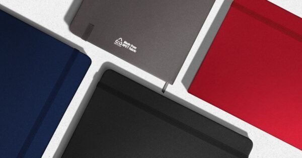 rPET notebook with bookmark and elastic strap in grey fabric cover- Group
