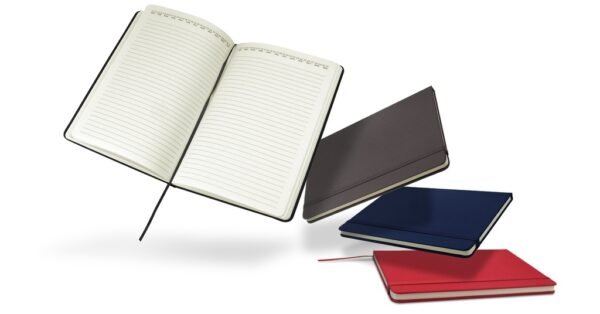 rPET notebook with bookmark and elastic strap in grey fabric cover- Lined