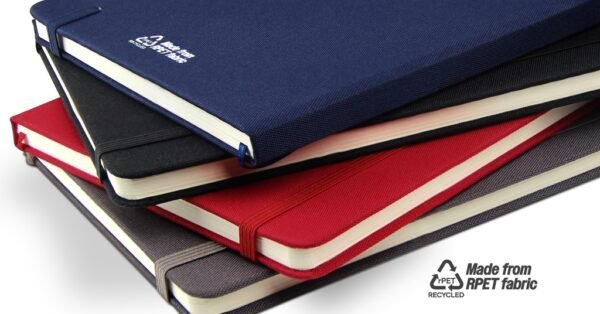 rPET notebook with bookmark and elastic strap in grey fabric cover- RPET fabric