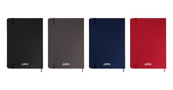 rPET notebook with bookmark and elastic strap in grey fabric cover- back view