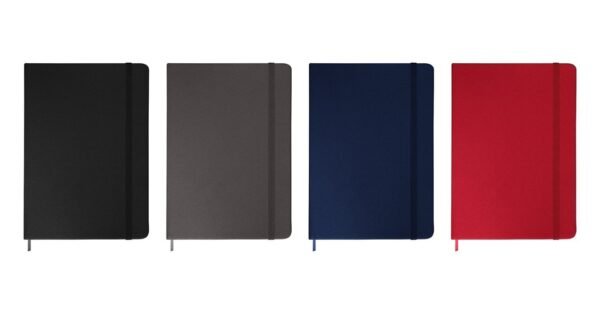 rPET notebook with bookmark and elastic strap in grey fabric cover- front view