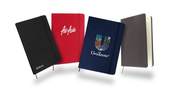 rPET notebook with bookmark and elastic strap in grey fabric cover- with logo