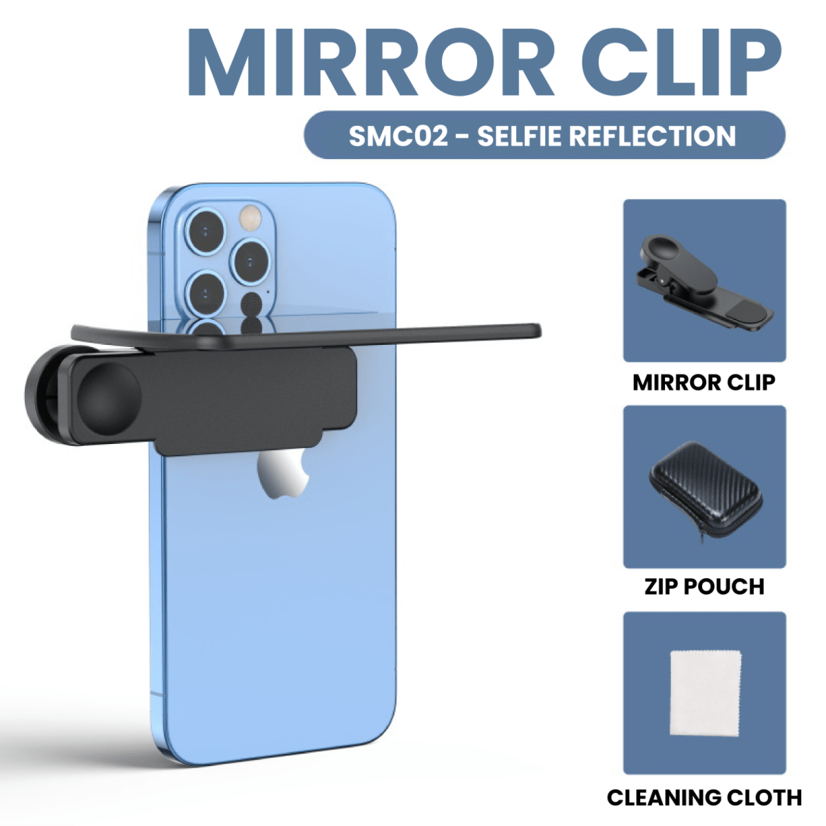 Black adjustable selfie mirror clip SMC02 with zip pouch for makeup or video call use