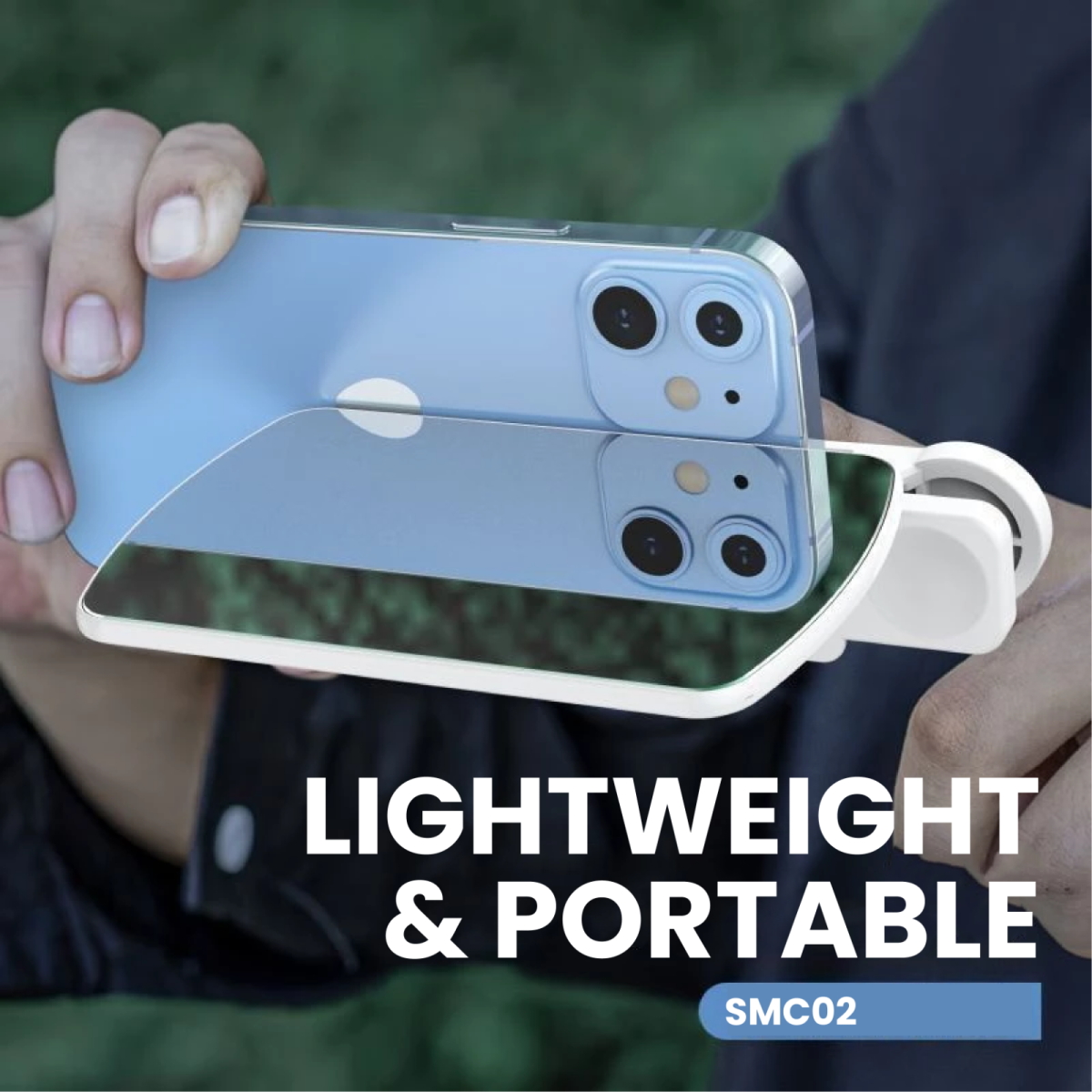 Black adjustable selfie mirror clip SMC02 with zip pouch for makeup or video call use - lightweight