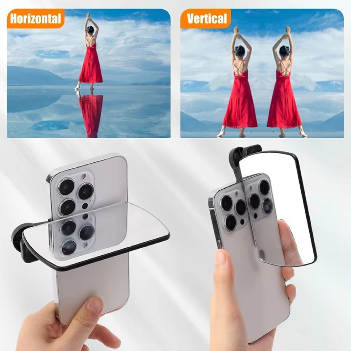 Black adjustable selfie mirror clip SMC02 with zip pouch for makeup or video call use - 2 way