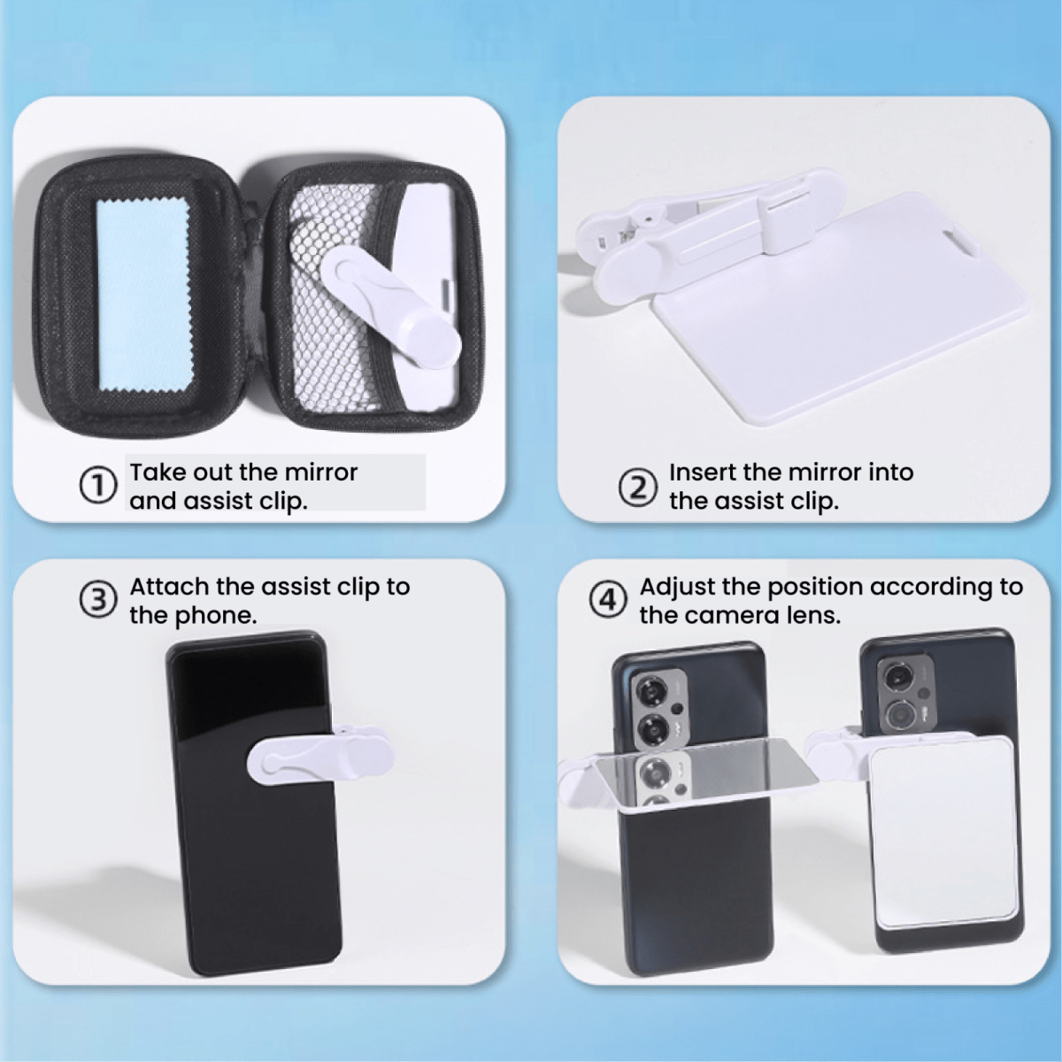 Black adjustable selfie mirror clip SMC02 with zip pouch for makeup or video call use - info