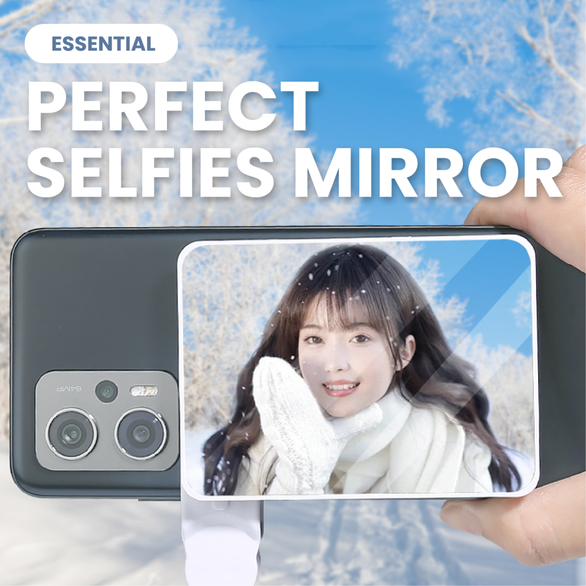 Black adjustable selfie mirror clip SMC02 with zip pouch for makeup or video call use - perfect