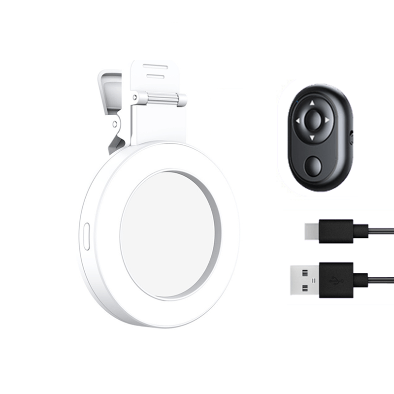 White selfie rear mirror clip SMC03 with built-in LED light for phones and makeup use