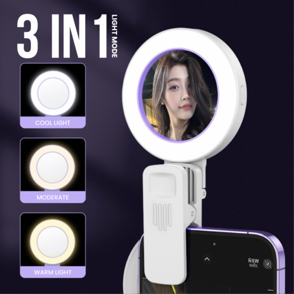 White selfie rear mirror clip SMC03 with built-in LED light for phones and makeup use - 3 in 1