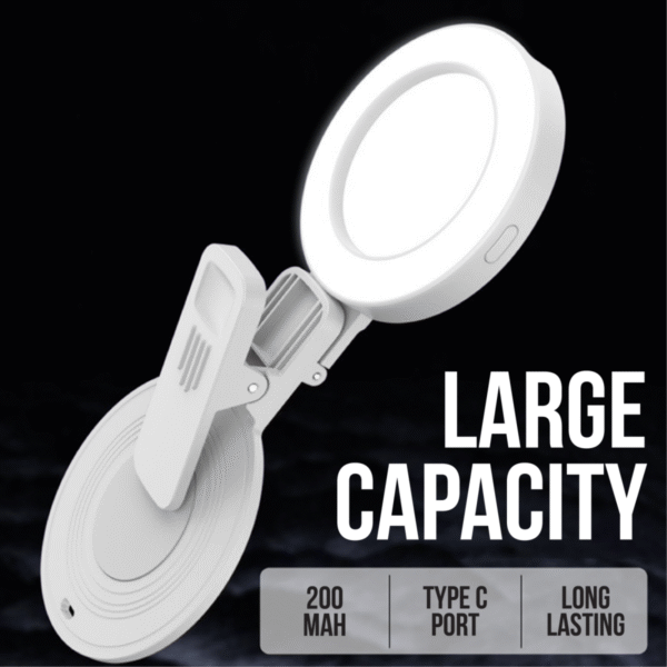 White selfie rear mirror clip SMC03 with built-in LED light for phones and makeup use - large capacity