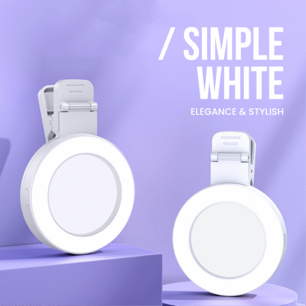 White selfie rear mirror clip SMC03 with built-in LED light for phones and makeup use - simple white