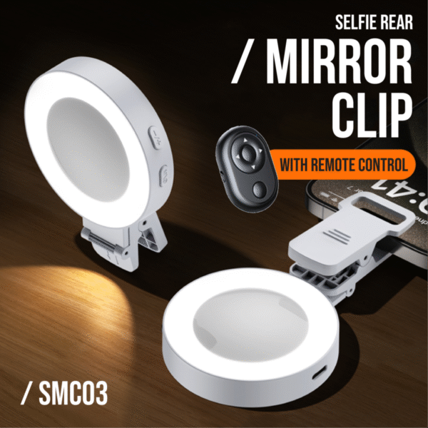 White selfie rear mirror clip SMC03 with built-in LED light for phones and makeup use - mirror clip