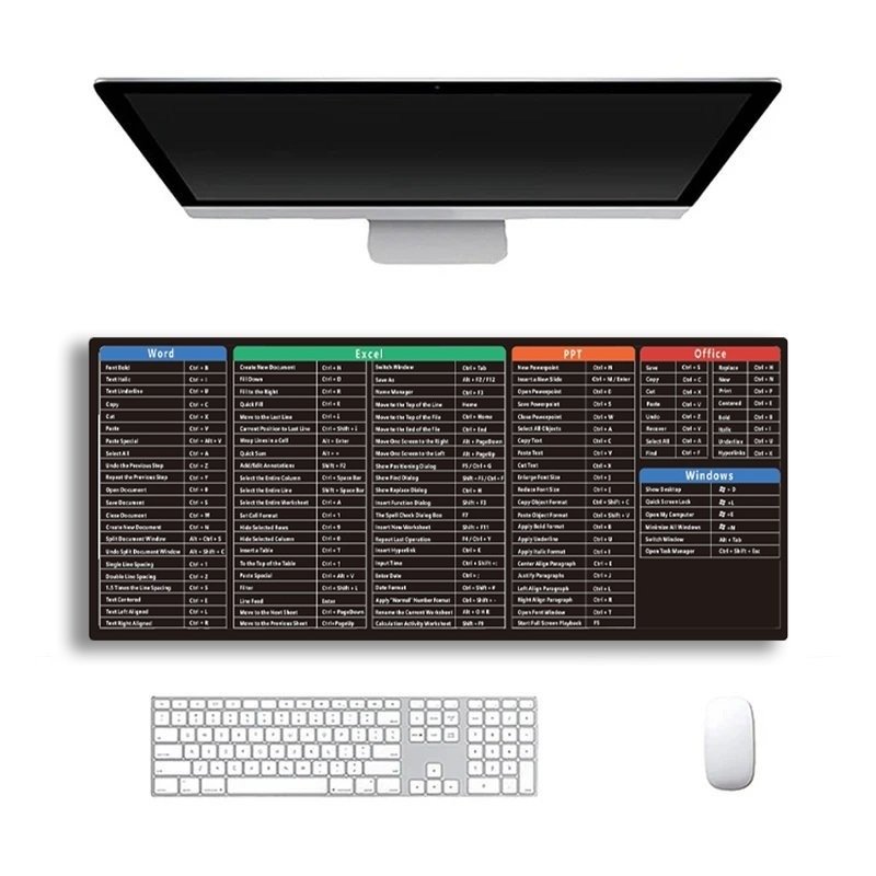 Black table mouse pad TP01E with printed Windows and Office shortcuts