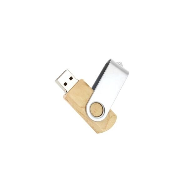 Wood swivel USB drive with eco-friendly design in light brown and silver - top view
