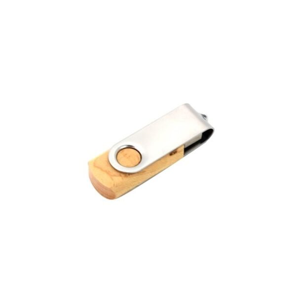 Wood swivel USB drive with eco-friendly design in light brown and silver - close