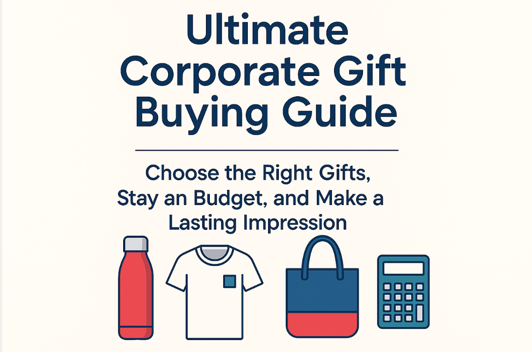 Corporate gift buying guide illustration with gift items like tote bag, T-shirt, bottle and calculator