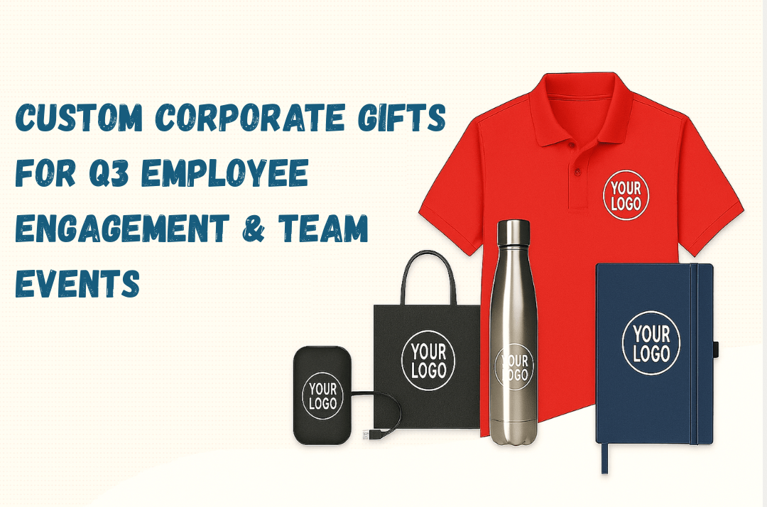 A promotional banner displaying five categories of corporate gifts: apparel, drinkwares, bags, tech gadgets, and gift sets. Each item showcases a visible placeholder logo to indicate customizable branding areas. The image is styled in a modern, clean design suitable for Singapore businesses.