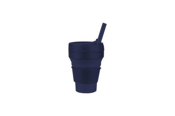 355ml collapsible silicone cup with straw and heat sleeve- Blue