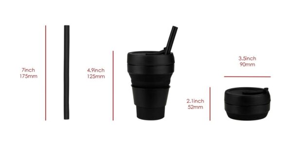 355ml collapsible silicone cup with straw and heat sleeve- Size