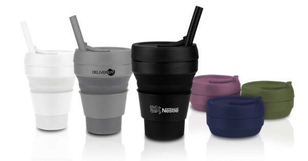 355ml collapsible silicone cup with straw and heat sleeve- With logo