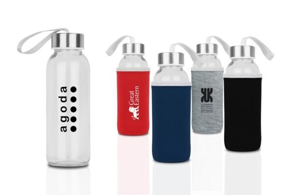 300ml glass bottle with neoprene pouch and carrying strap- With logo
