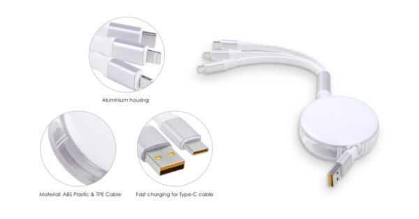 SG123 FLEXA retractable fast-charging cable with 3-in-1 support and PU pouch- Spec