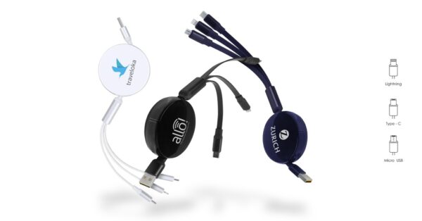 SG123 FLEXA retractable fast-charging cable with 3-in-1 support and PU pouch- With logo