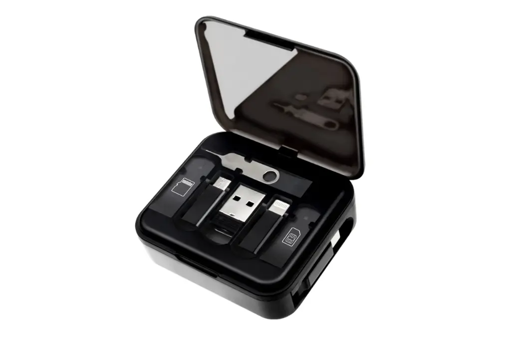 compact charging cable kit with USB-C, Lightning, and Micro USB heads- Black