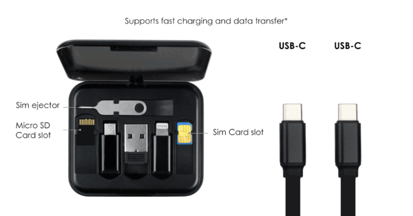 compact charging cable kit with USB-C, Lightning, and Micro USB heads- Spec