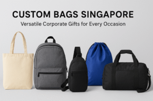 Five custom bags including a beige canvas tote, grey backpack, black sling bag, blue drawstring bag, and black duffel bag displayed against a light grey background with the text 'Custom Bags Singapore – Versatile Corporate Gifts for Every Occasion' above.